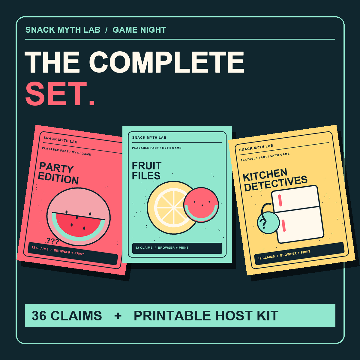 Snack Myth Lab Complete Set cover showing the three original game decks